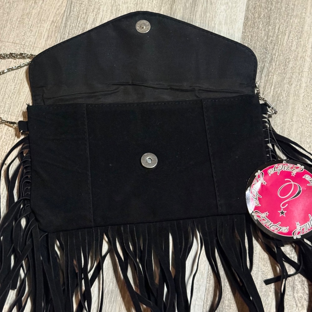 Y2K‎ retro Say What Black Suede Fringe Crossbody Bag Silver Chain Evening - Picture 3 of 8
